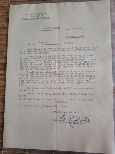 Felvételi értesítő a Zalka Máté Katonai Műszaki Főiskolára